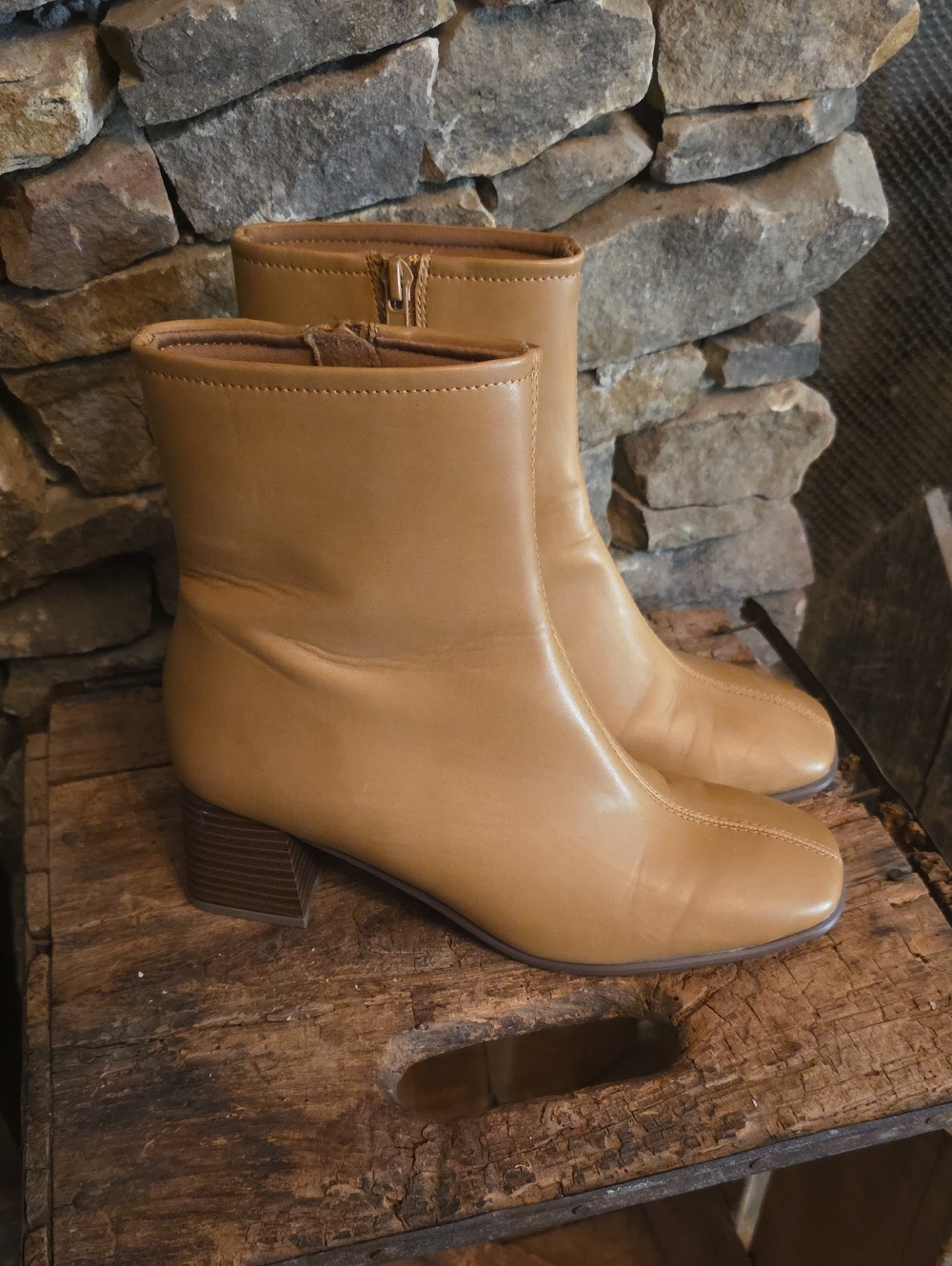Women’s Tan Leather Ankle Booties with Block Heel